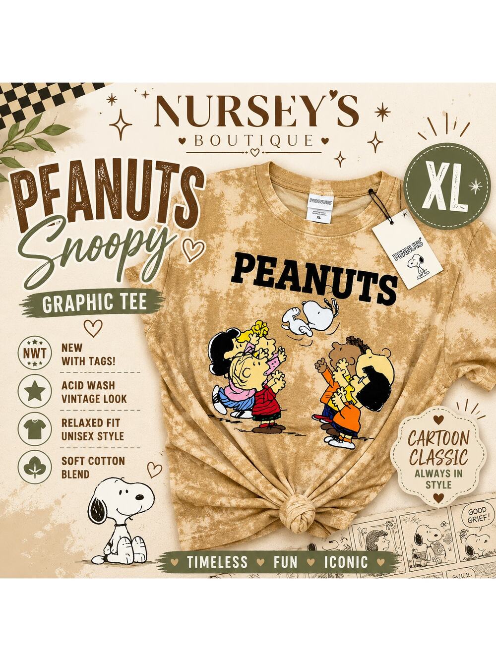 Peanuts Snoopy Graphic Tee XL Tan Acid Wash Cartoon Shirt